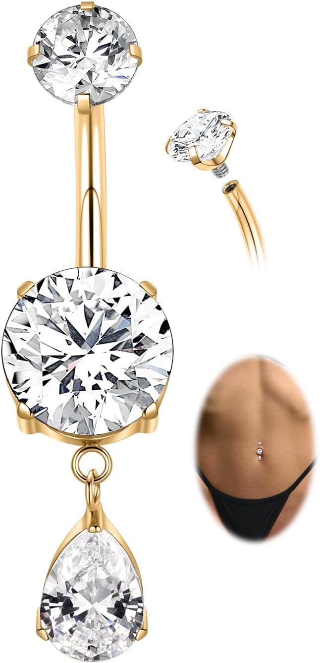 GAGABODY G23 Titanium Belly Button Rings Dangly Belly Ring Navel Piercing Ring Belly Piercing Jewelry 14G 3/8 inch 10mm Navel Barbell CZ