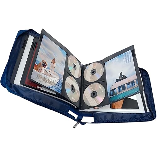 DVD CD Storage Case with Extra Wide Title Cover Pages for Blu Ray Movie Music Audio Disk (Portable Carrying Binder Holder Wallet Album Home Organizer Shelf)- Blue, 192 Disk Units, 96 Booklet Pockets