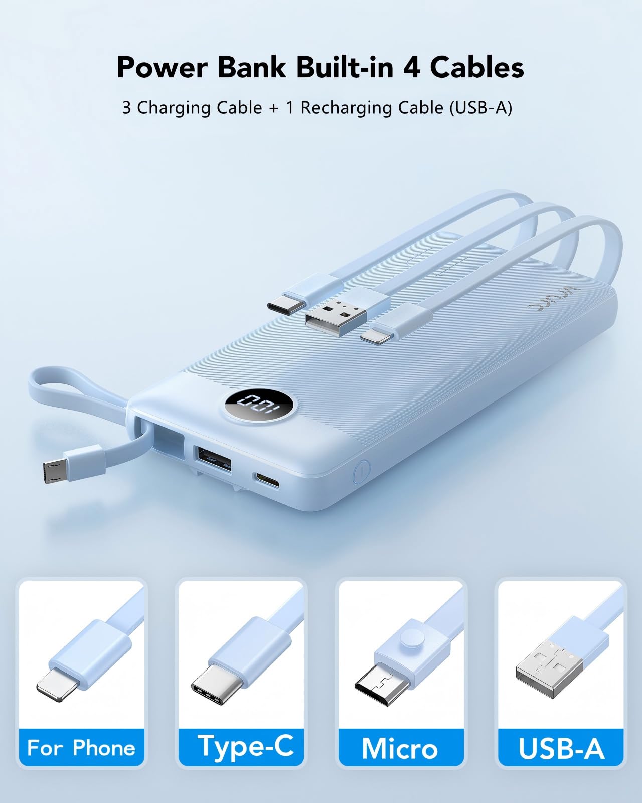 VRURC Portable Charger, Slim Power Bank Built-in 4 Cables, Travel Essential view 2