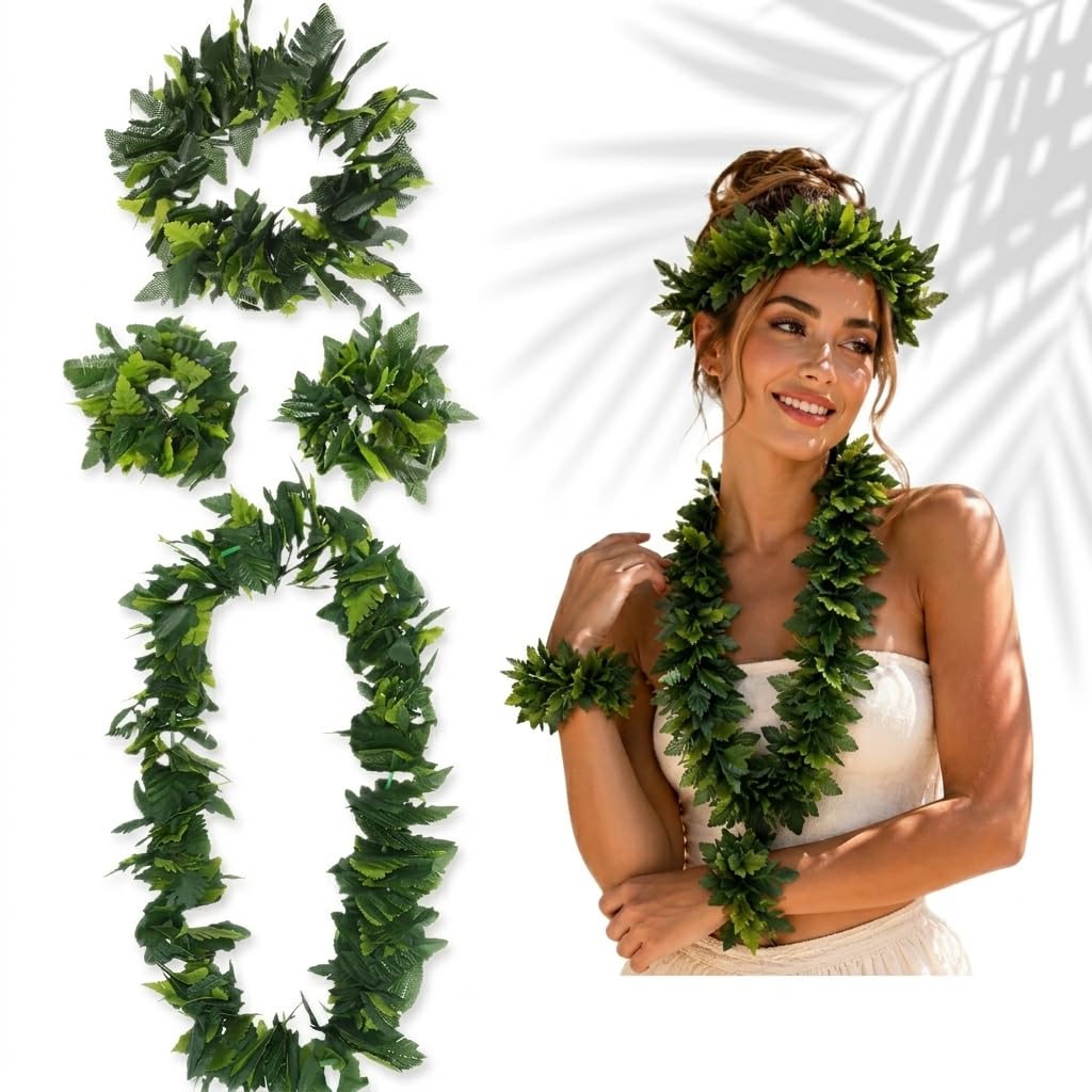 Guirlande de fête hawaïenne verte 4 en 1 avec collier bracelet et bandeau