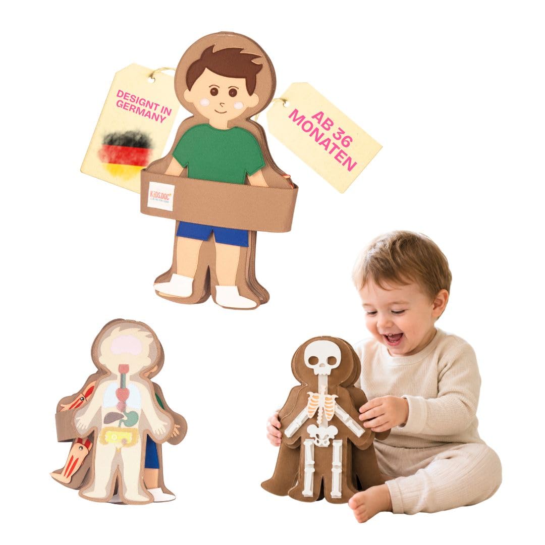 Jolly Designs Travel Buddy „Mein Körper – Junge“ – Interaktives Lernspielzeug zum menschlichen Körper – Montessori Spielzeug aus Filz – Fördert Feinmotorik & Körperwissen – Ideal für unterwegs