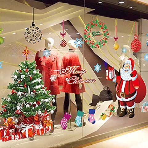 Mcree 4 Sheets Christmas Window Static Santa Stickers Decor, Reusable Xmas Stickers Static PVC Window Clings, Large Santa Christmas Tree Merry Christmas Stickers for Xmas Home Store Display Decor Cover