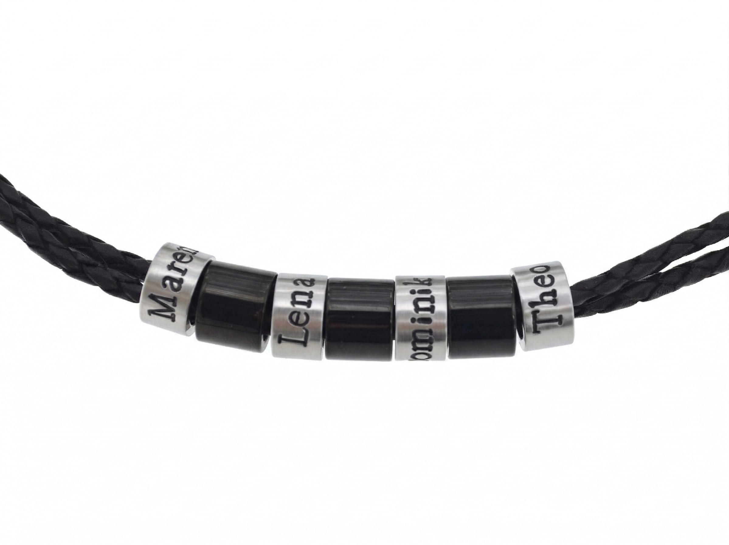 Edelstahl- und Lederkettenset mit Gravuren, 4 Stk. Beads mit Gravur nach Wunsch und 3 Stk. schwarze Beads, personalisierte Herrenkette mit Gravur, Namenskette für Männer