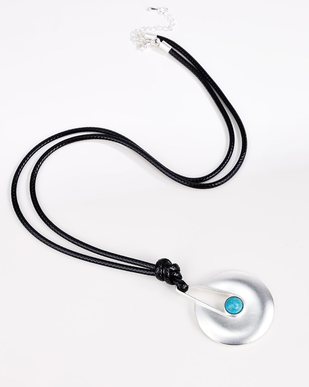 Boho Long Necklace for Women-Turquoise Large Disc Leather Pendant Necklace,Western Vintage Sweater Silver Jewelry Gift - Image 5