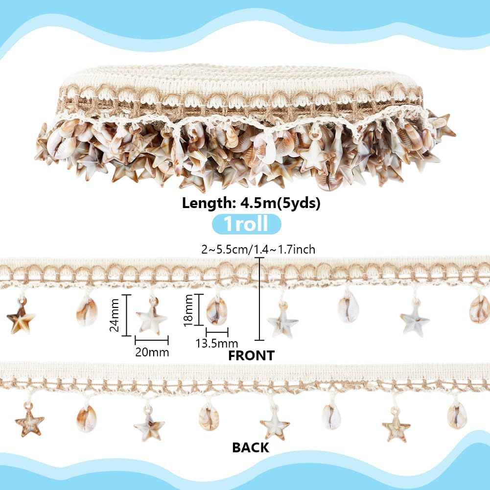 PH PandaHall 5 Yards 2-1/8 inch Shell Fringe Trim Starfish & Shell Charms Boho Craft Ribbon Trim Fringes Linen Lace Border Ribbon for Clothing Lampshade Curtain Costume Home Beach Party Decorations