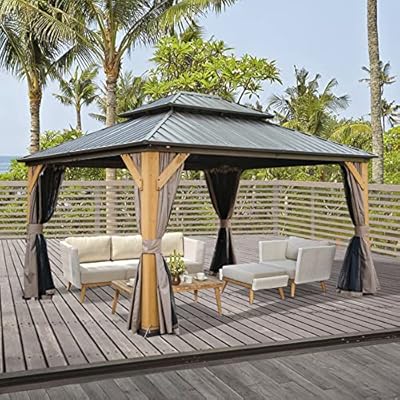 domi outdoor living 12x14 ft Wood Gazebo, Cedar Frame Hardtop Gazebo with Galvanized Steel Double Roof, Netting & Curtains, Patio Pergola Pavilion for Patio, Backyard, Deck, Lawns