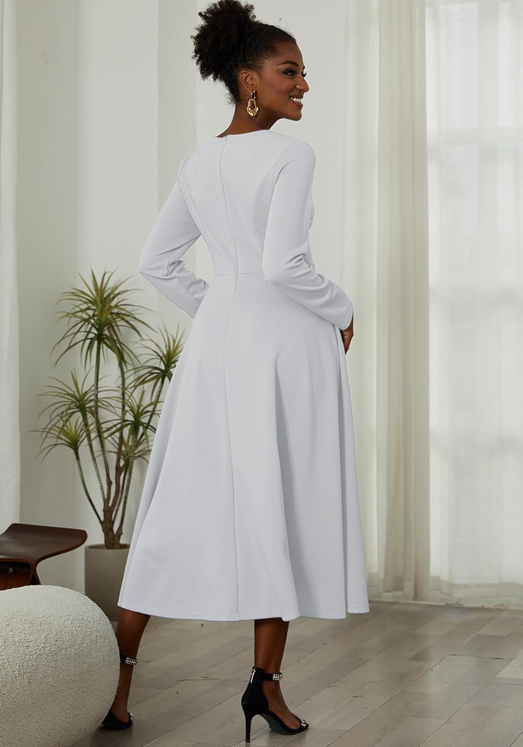 LAJIOJIO Women's Vintage Cocktail Dresses,Elegant Round Neck Long Sleeve Church Evening Dress with Pockets - Image 7