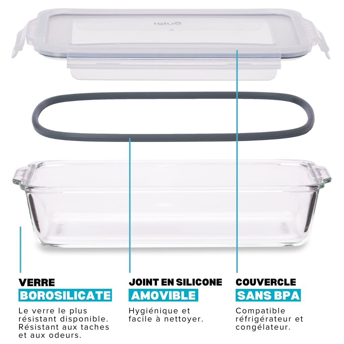 Igluu Meal Prep Plat à lasagnes en Verre (Lot de 1) – Couvercle hermétique à fermeture à pression et Sans BPA – Compatible micro-ondes, four, congélateur et lave-vaisselle – 2,2 L – Verre Borosilicate