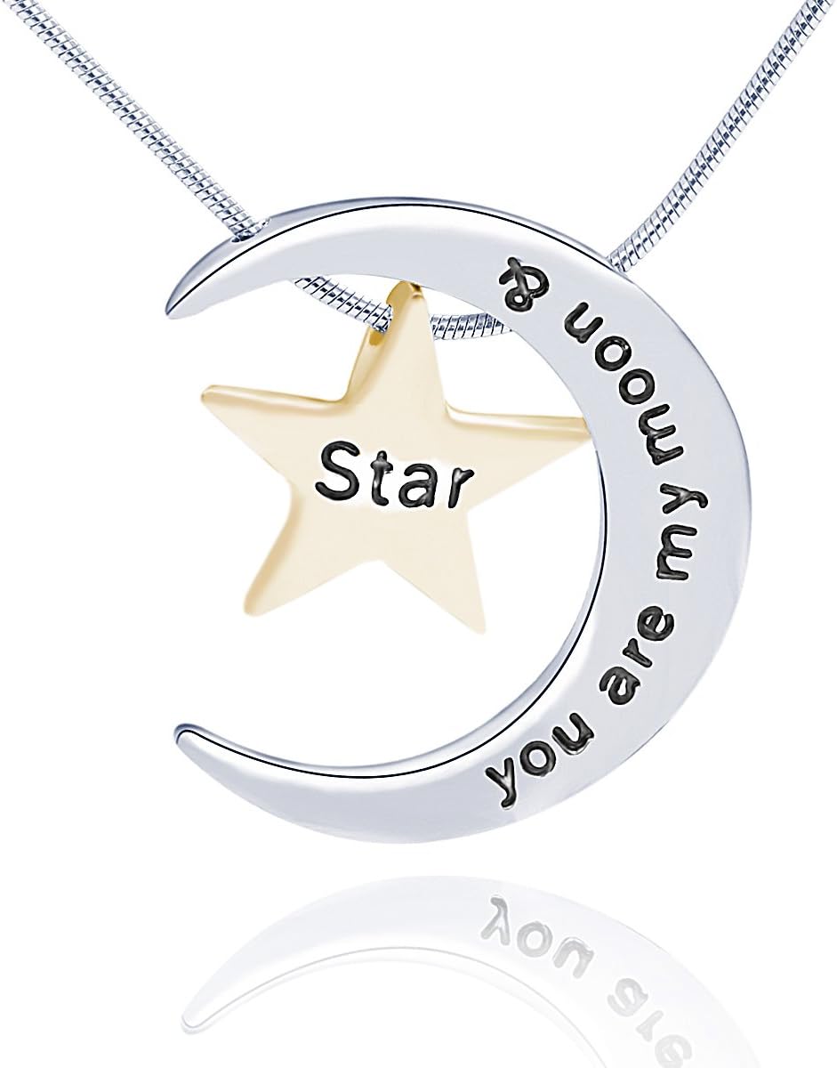 JingChow Titanium Stainless Steel Couple ''You Are My Moon and Star'' Pendant Necklace for His & Hers