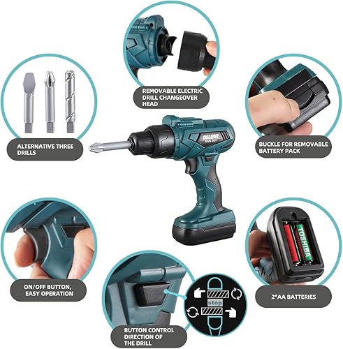 Miniatura 10 de Zealous - Banco de herramientas 3 en 1 para niños pequeños, 79 piezas, con caja de herramientas y taladro electrónico de juguete, juego de