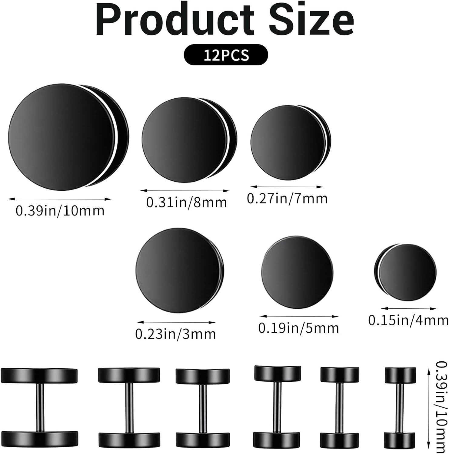 6Pairs Fake Gauges Earrings, Stud Earrings for Men, Stainless Steel Screw Back Earring for Women Black Earring, Flat Fake Plugs for Men Women