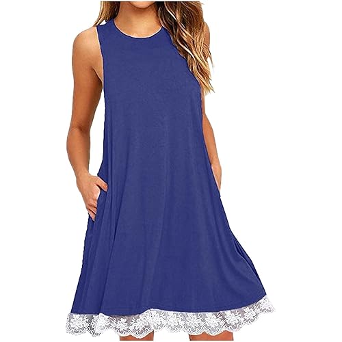 Womens Tank Lace Dresses Trendy Sleeveless Crewneck Vacation Dress Solid Color Mini Flowy Long Dresses