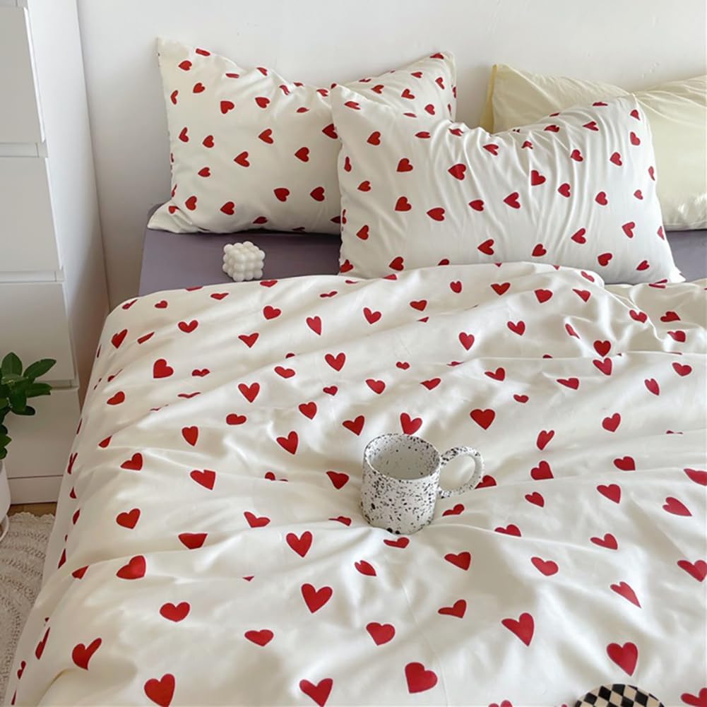 AShanlan Bettwäsche 135x200 4tlg Rot Herzen Bettbezug Kissenbezug 80x80x2 | ÖkoTex Bettwäsche-Sets, 110gsm Microfaser, Rot Weiß Herzchen Bettwäsche mit Reißverschluss, 4teilig