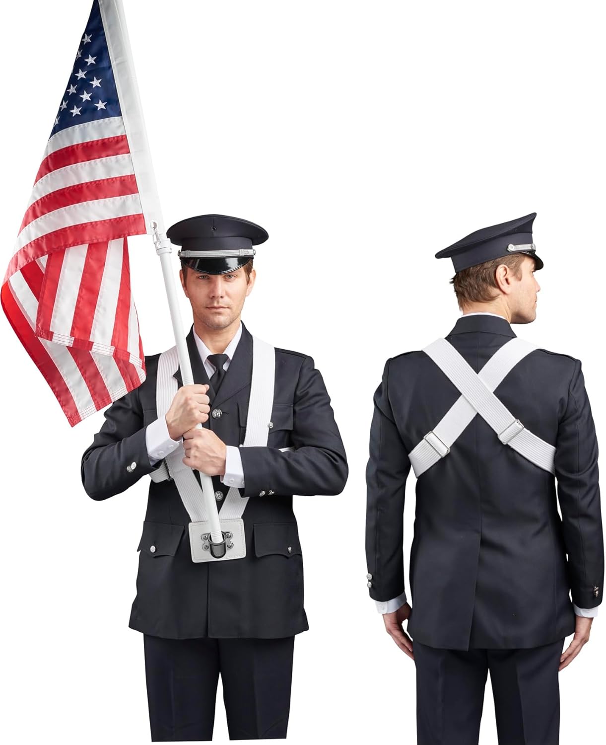 JAY-PEE Heavy Duty Parade Flag Carrier White Double Strap Honor Guard Web Harness and Metal Cup