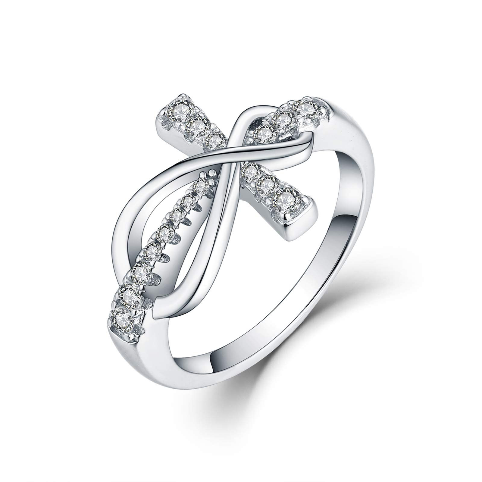 JO WISDOM Mujer Anillo de Compromiso de Plata de ley 925,Anillo Crucifijo Cruz Infinita con Circonita AAA
