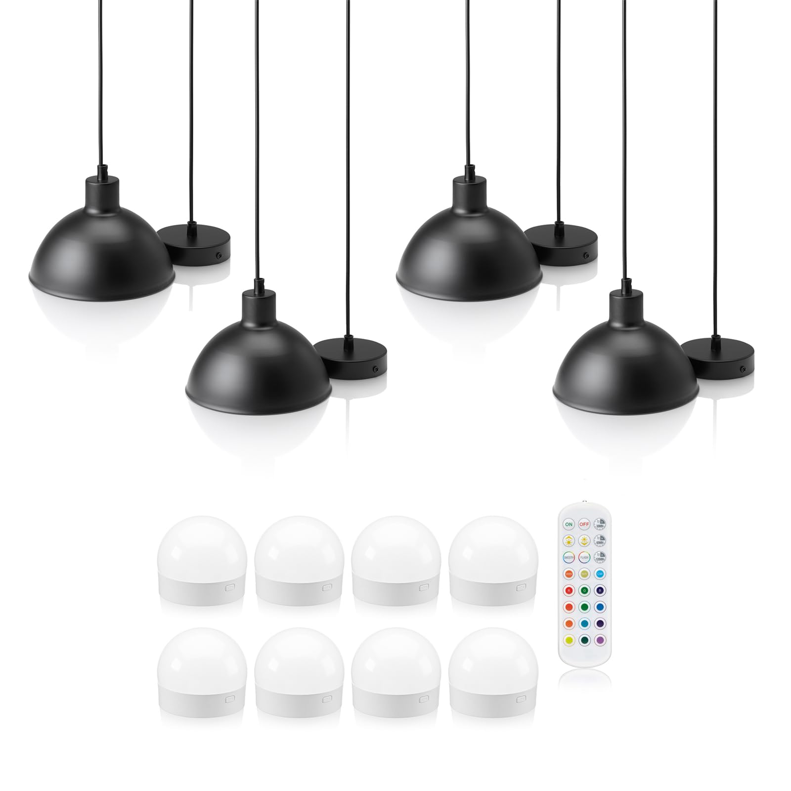 Auraglow Rechargeable Wireless Pendant Light with Remote – Cordless, Battery-Powered, Dimmable, Colour-Changing (Black, 4 Lamps, 8 Light Sources, 1 Remote)