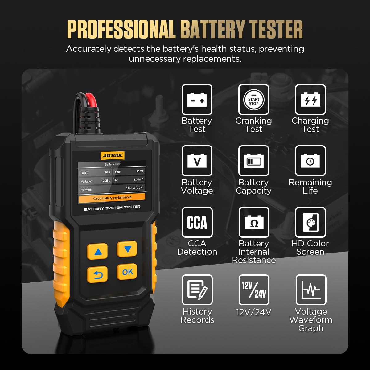 AUTOOL BT360 Testeur de batterie de voiture 12 V 24 V 30-2000 CCA Testeur de batterie de voiture Analyseur de système de charge et de chargement pour voitures, motos, camions, bateaux, véhicules
