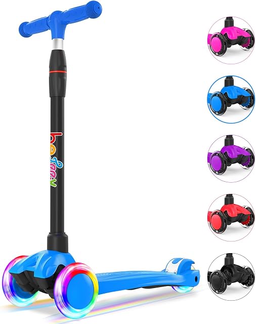 BELEEV A5 Deluxe Scooter for Kids Age 3-12, 3 Wheel Scooter for Toddlers Girls Boys, Kick Scooter with 4 Adjustable Height, Lean to Steer, Light up Wheels, Extra-Wide Deck, Push Scooter for Children