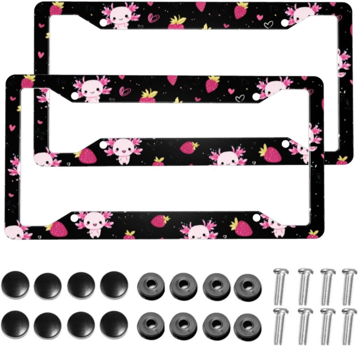 Muishi【2pcs】 Cute Axolotl Pink Strawberry License Plate Frame Aluminum License Plate Holder Funny License Plate Decorative with Screws Size 12.3" X 6.3" Men Women