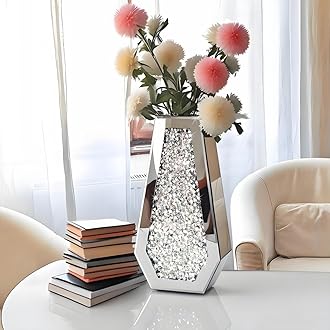 Flower Vase Crushed Diamond Mirrored Vase Crystal Silver Glass Decorative Mirror Vase Large Size Luxury For Home Decor. Diamond Shape Thickened. Can’t Hold Water.