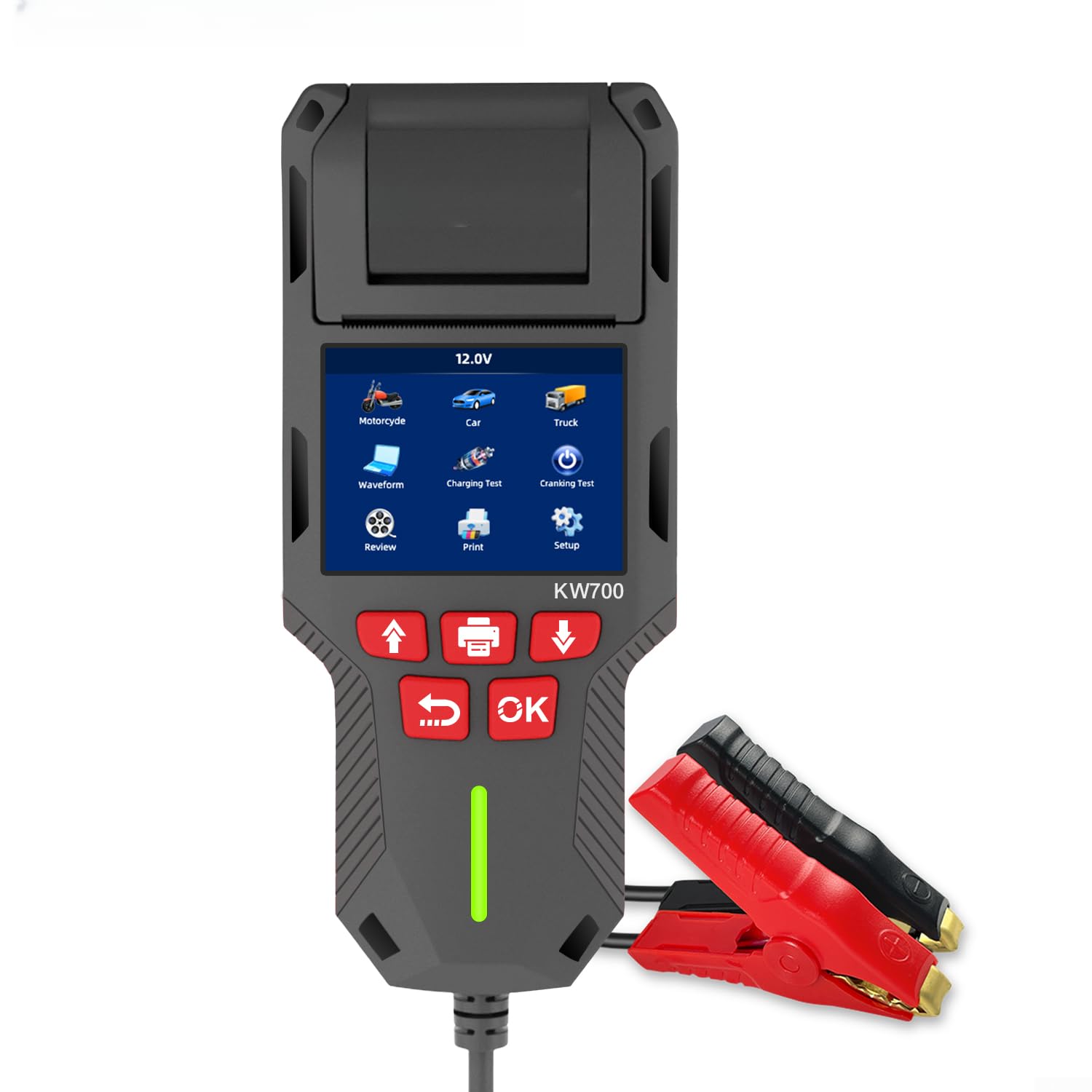 Tester KW700 per batterie al litio, AGM, GEL ed EFB da 12 V/24 V, analisi del sistema di carica, impianto di avviamento e resistenza interna con stampante termica integrata