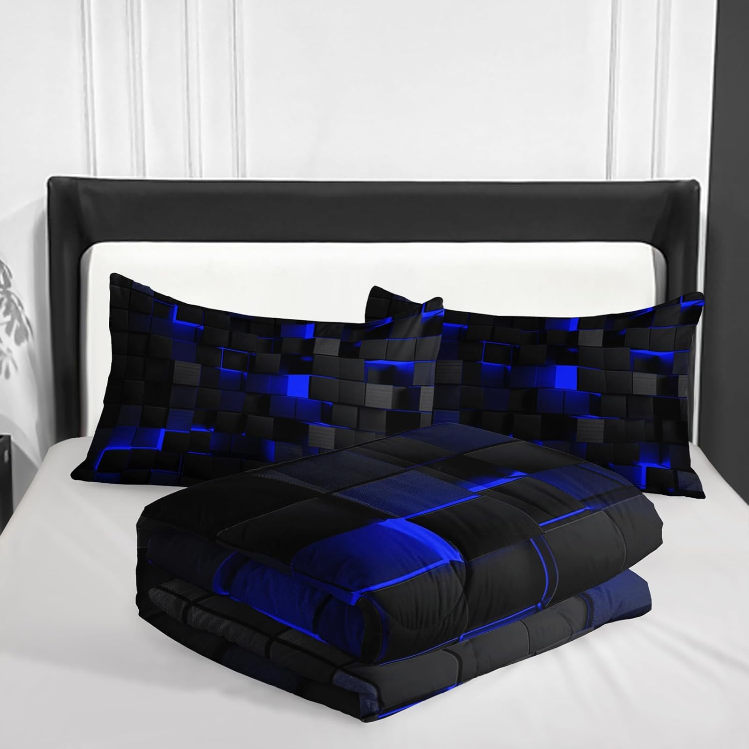 Geometric Blue Black Comforter Set,Light Honeycomb 3 Piece Bedding Set Full Size for Teen Boys,Modern Quilt Set Geometry Decor,Microfiber Lightweight 1 Comforter 2 Pillowcases All Season - Image 4
