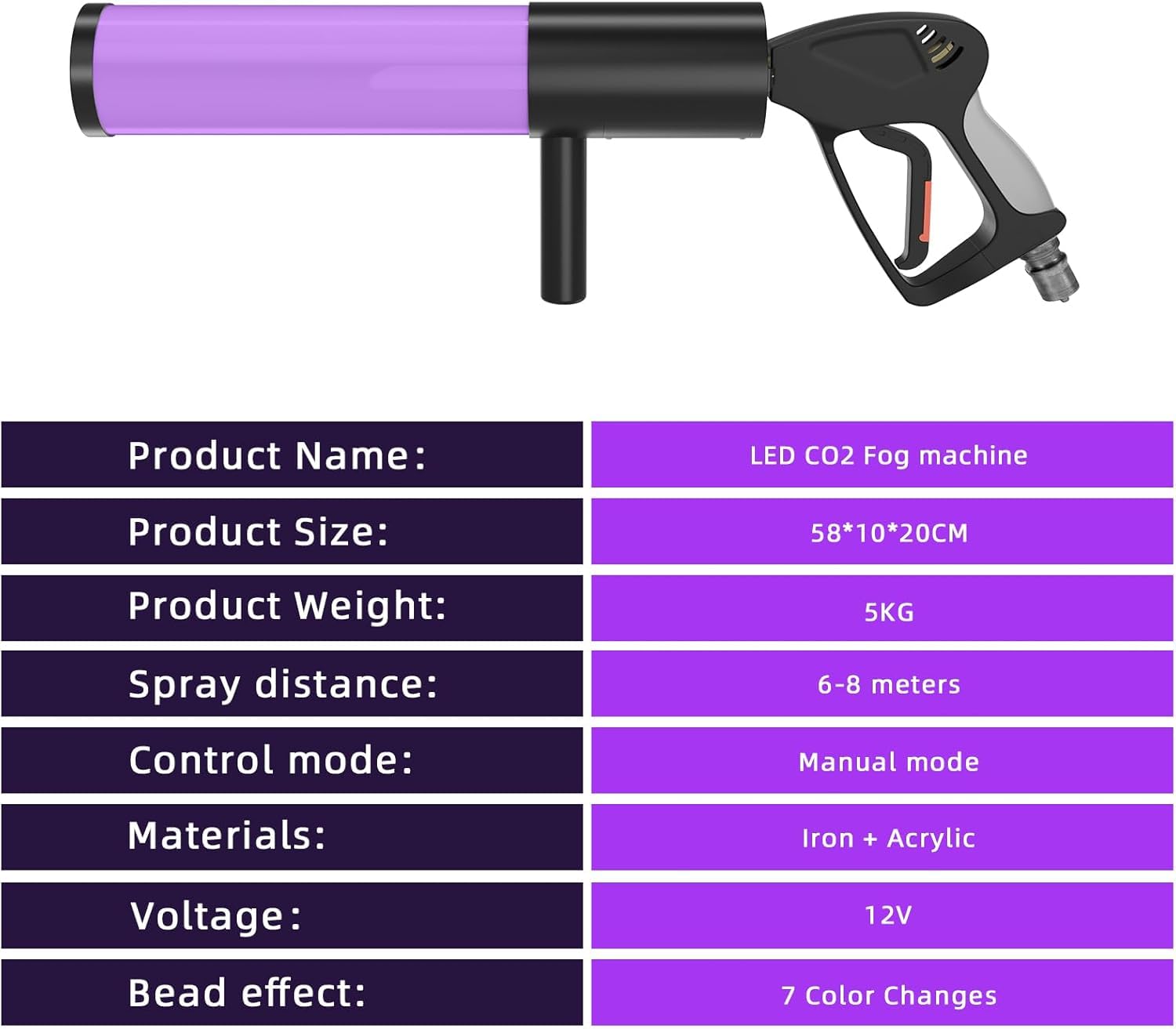 CO2 Pistola per fumo, macchina del fumo, per sera, 6 LED RGB Beads, per bar, serata, spettacolo musicale, Halloween, Natale