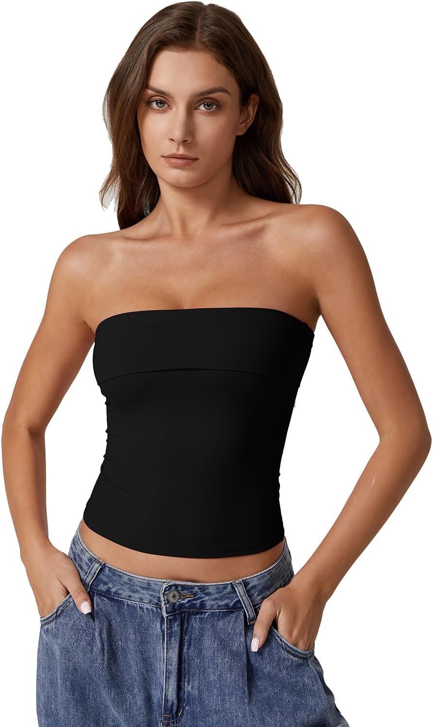 QINSEN Women's Tube Tops Strapless Bandeau Tops Double Lined Slim Fit Summer Going Out Tank Tops - Image 5
