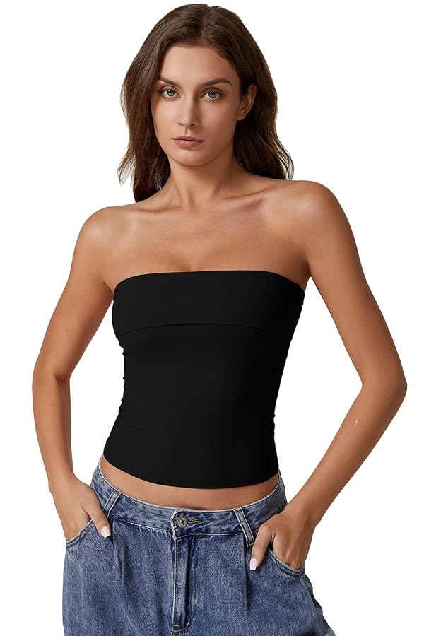 QINSEN Tube Tops for Women Off Shoulder Strapless Crop Tops Foldover Going Out Bustier Tops Black XS by QINSEN - Image 9