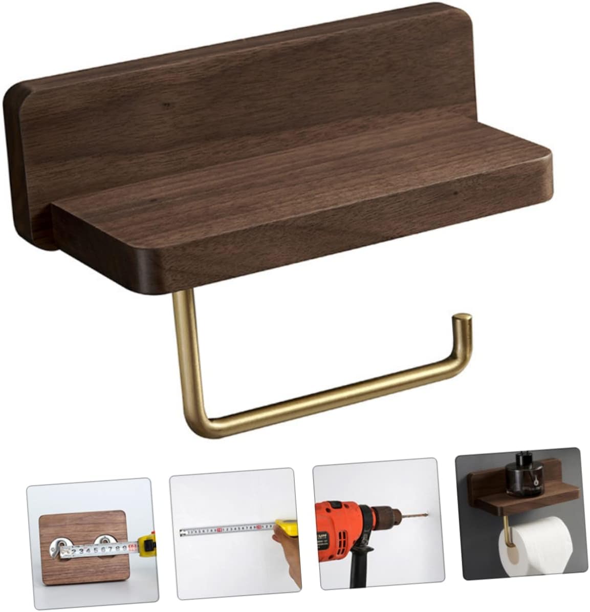 Wall Mounted Toilet Paper Holder with Phone Shelf Bathroom Roll Tissue Rack Natural Walnut Finish Easy to Install Space-Saving Design for Use