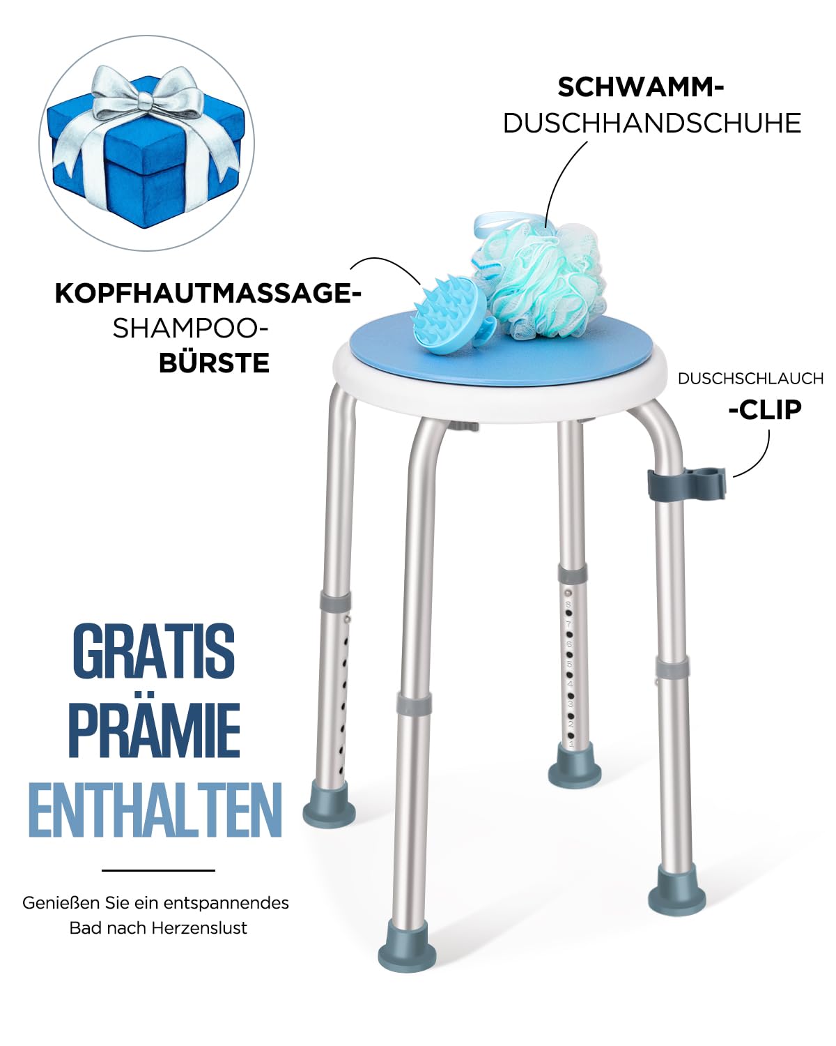 Runder Duschhocker, Duschstuhl für Senioren 150KG Belastbar, Höhenverstellbar 33-52cm, Aluminium Duschsitz, Badestuhl, Badehocker für Badewannen