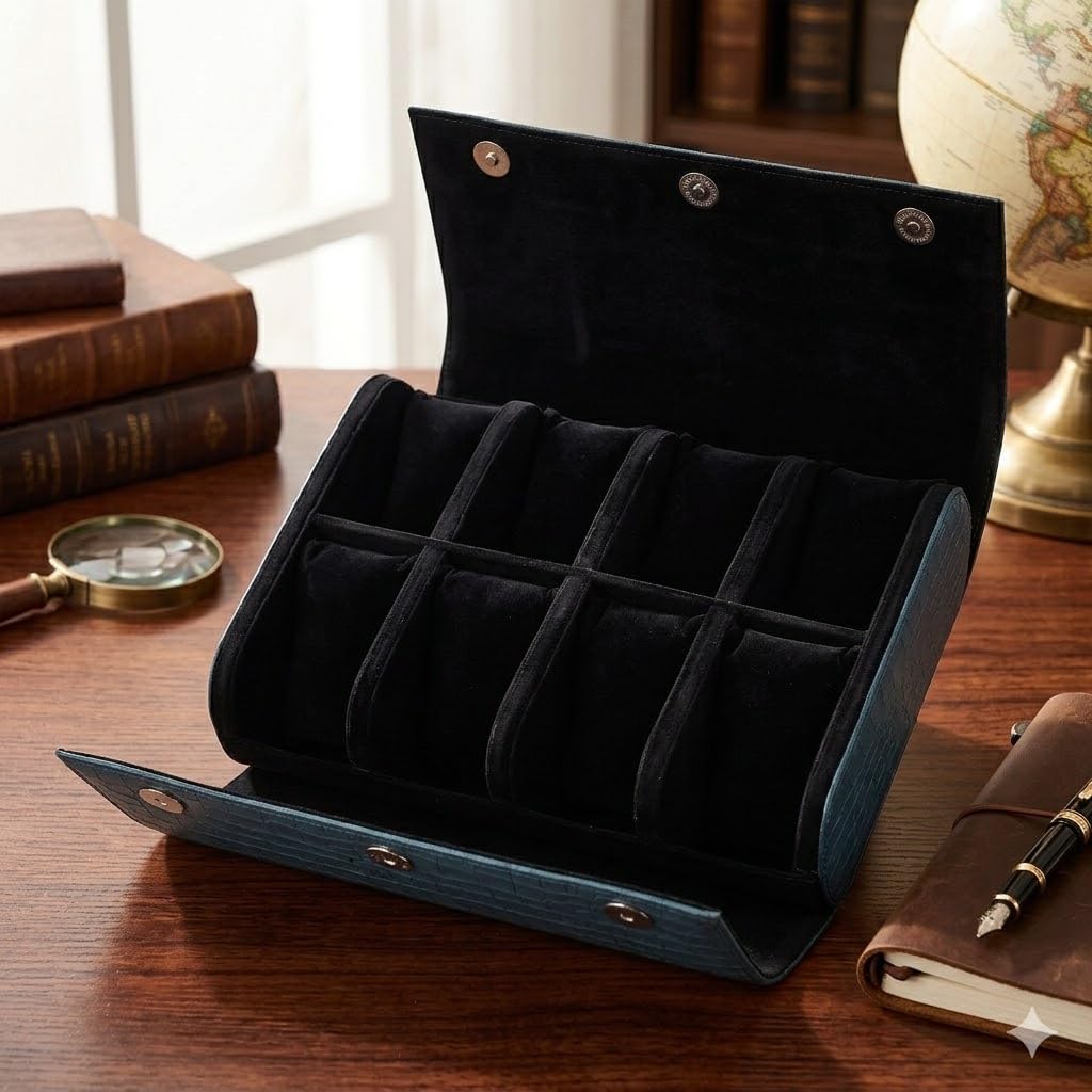 essart Scatola per orologi di alta qualità a 8 scomparti, per uomini e donne, in pelle PU, organizer rotondo per orologi da viaggio, con serratura e cuscino WR-1018-Croco-verde