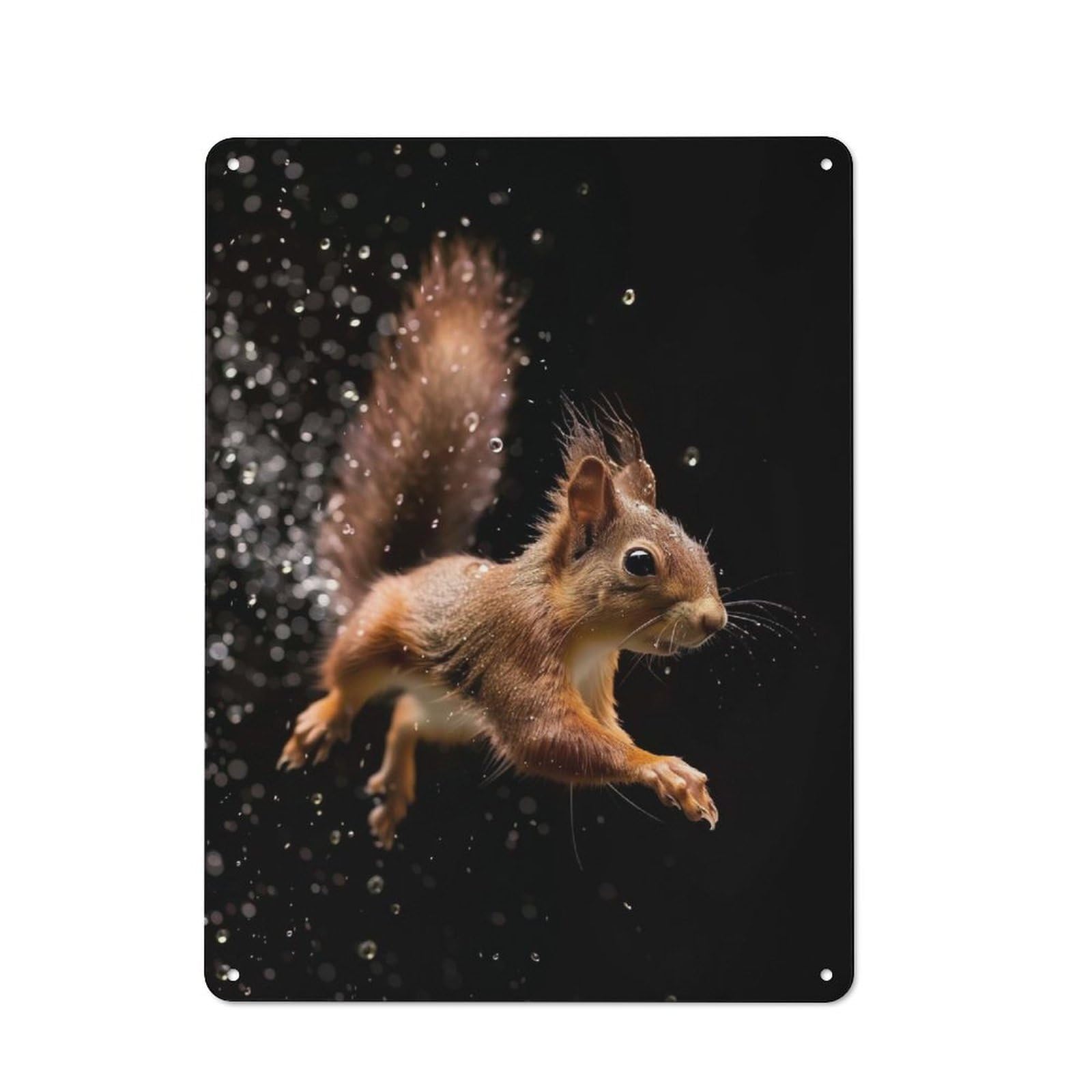 For Garage Or Workshop, Squirrel Through Raindrops Rustic Metal Plaque 40x30cm, Suited to Wall Displays in Garages And Tool Rooms