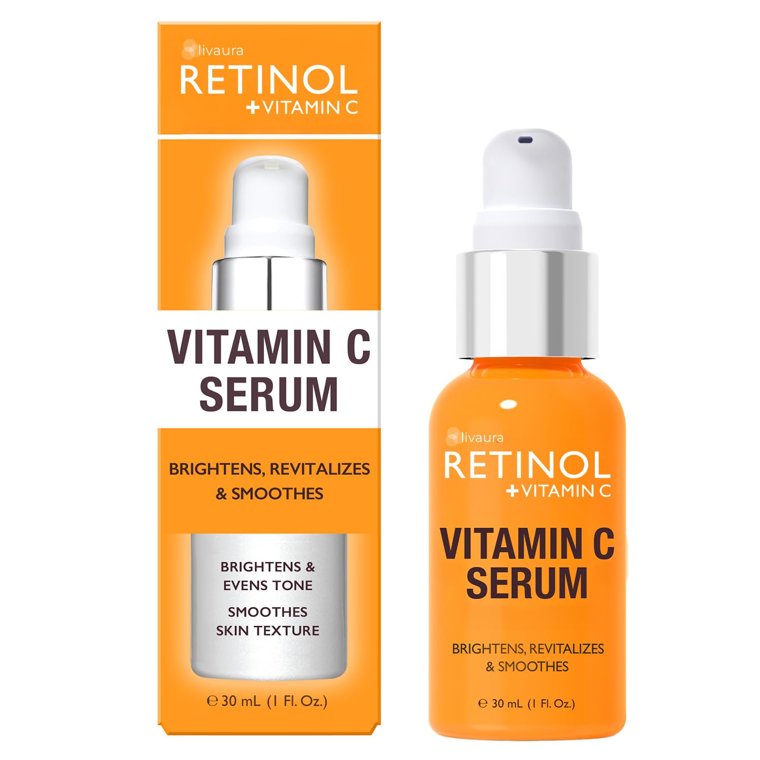 LIVAURA Retinol + Vitamin C Gesichtsserum – Anti-Aging Serum gleicht Hautton aus, mindert Linien & Falten, Sonnenschäden & dunkle Flecken, stellt Ausstrahlung her, schließt Feuchtigkeit ein – 1 fl oz