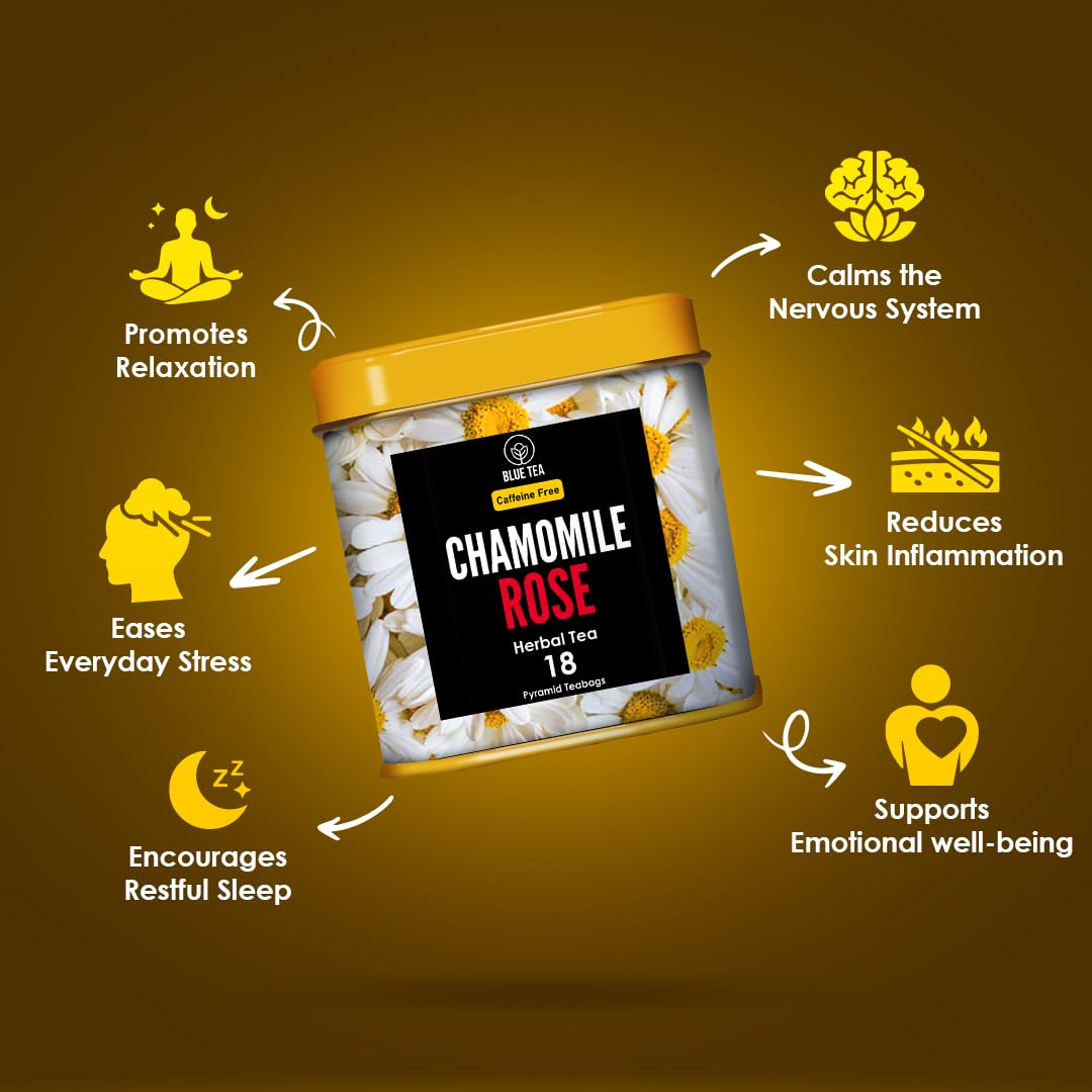 BLUE TEA - Chamomile Tea - Rose - 18 Count - Pyramid Plant Based Tea Bag | SKIN HEALTH | Detox Tea - Herbal Tea - Flower Based - Caffeine-free - Non-GMO - Vegan | Tin Pack image 2
