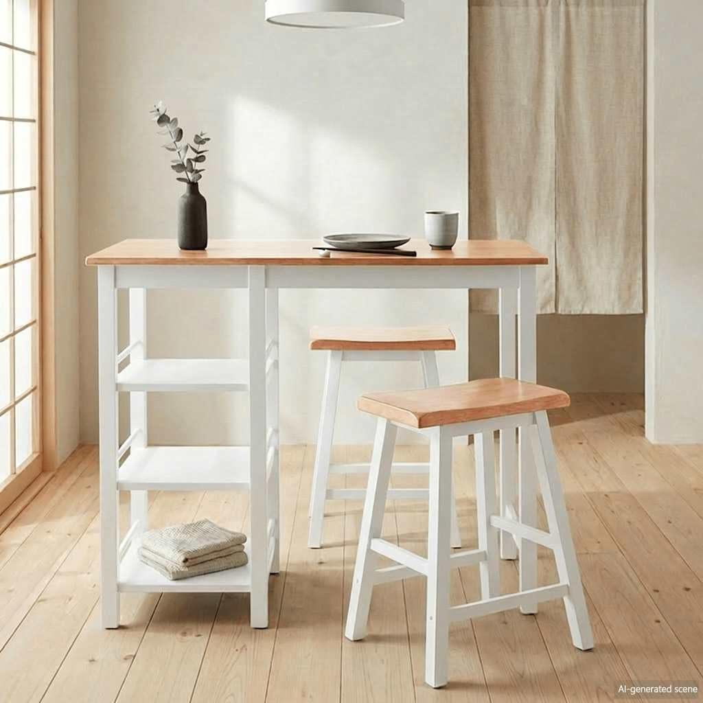 Juego de 3 barras de madera de DM y madera de caucho blanco, compacto con mesa de bar de 108 x 48 x 90,8 cm y 2 taburetes ergonómicos, juego de muebles para comedor y salón
