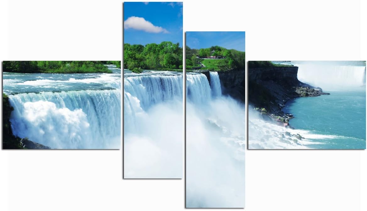 Grand Sight Landscape Waterfall Modern Impressionist Wall Art Painging Canvas Sprayed Picture Home Decor Framed(48" W x 28" H (16"x12" x2pcs, 8"x24" x2pcs) (Framed), Waterfall Green Blue)