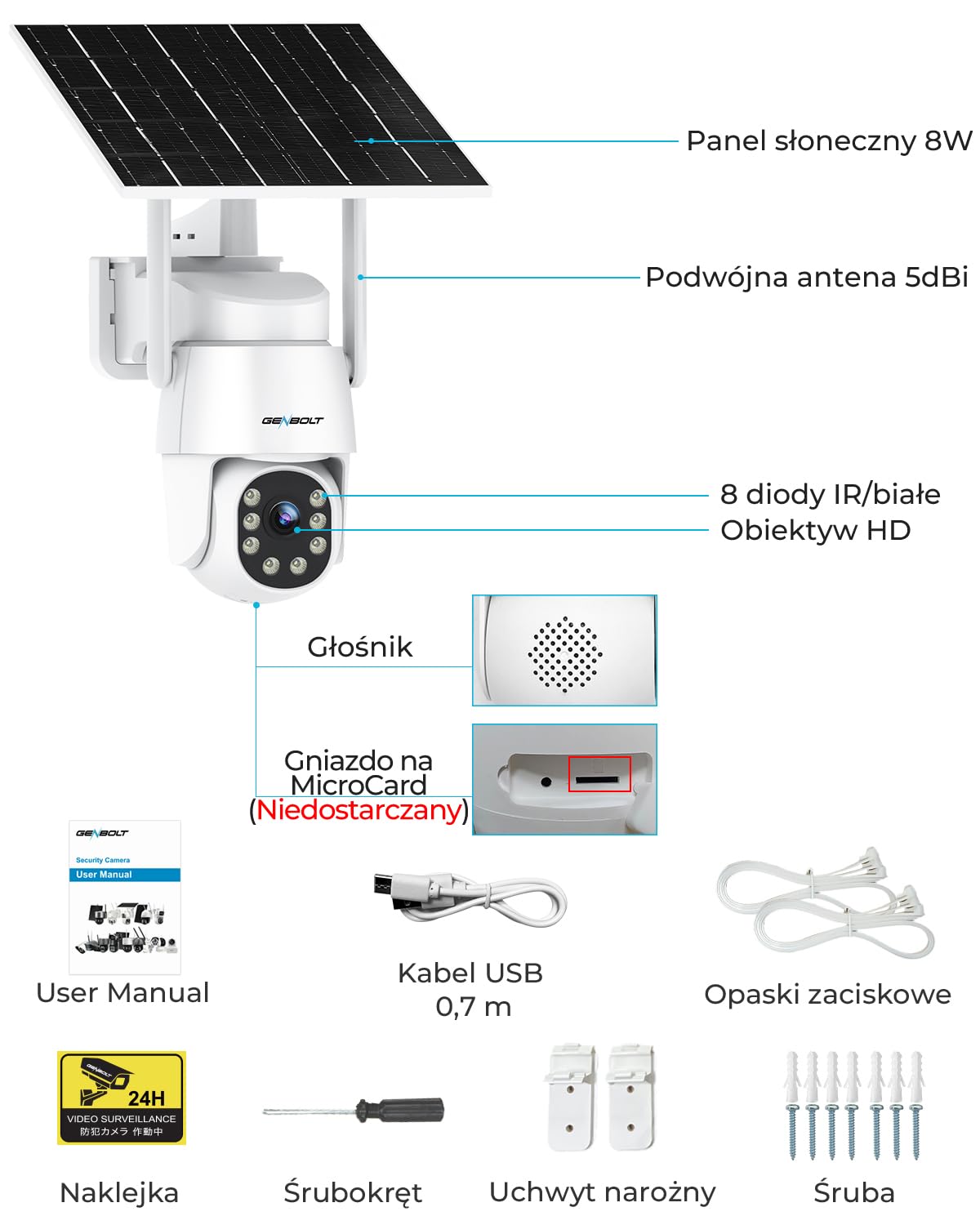 GENBOLT 2K AOV WiFi Kamera Zewnętrzna Solarna, Nagrywanie 24/7 Kamera IP Zewnętrzna Monitoringu PTZ z Wykrywaniem AI 90FT, Kamera CCTV Baterią 8W 10400 mAh, Automatisk Spårning, Aktivt försvar