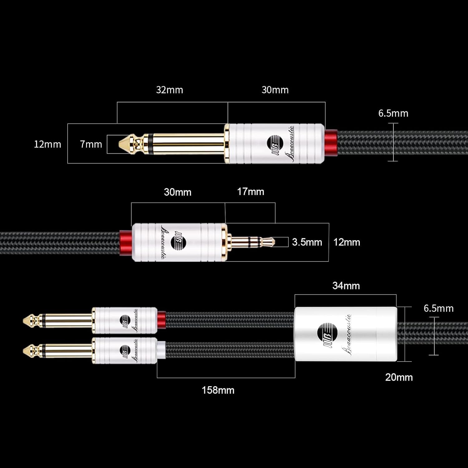 BOAACOUSTIC JIB Câble Audio 3.5mm vers Double 6.35mm Qualité Audiophile, 6.35 Mâle vers 3.5 Mâle Y Splitter Jack Câble d'Instrument pour Haut-parleurs, Table de Mixage, Cinéma Maison etc 5m