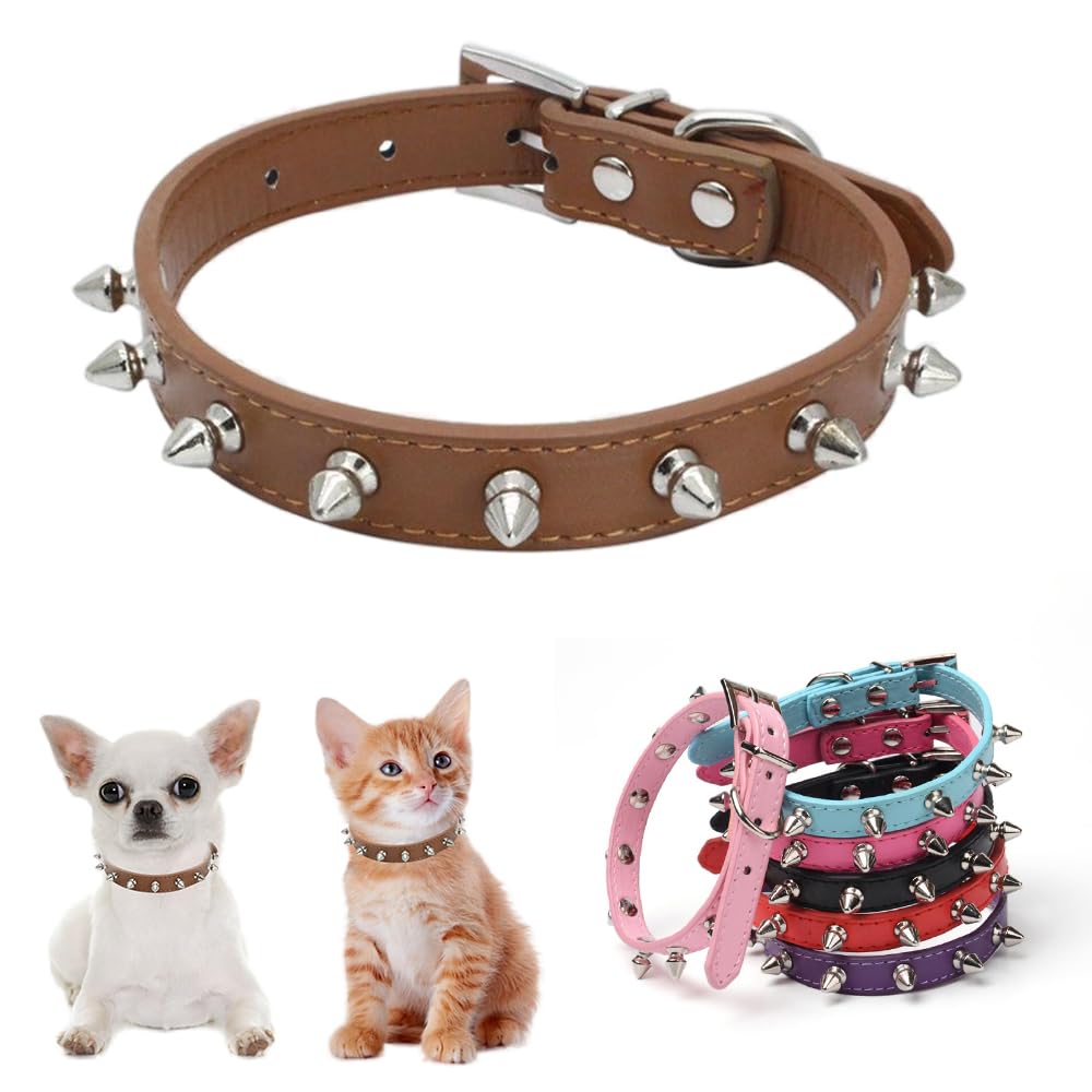 Spiked Dog Collar,Female Male Studded Spikes Spikey Stud Rivet for xs Small Medium Large boy Girl cat Kitten pet Animal Puppy Brown M