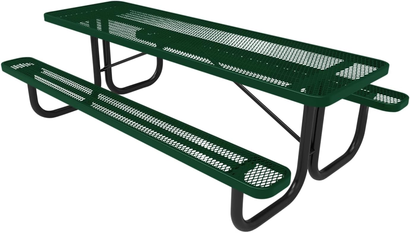 COATEDOUTDOORFURNITURE Heavy-Duty Portable Outdoor Picnic Table, Thermoplastic Coated Expanded Metal Commercial-Grade Patio Dining Furniture Made in America (8ft Rectangular, Green)