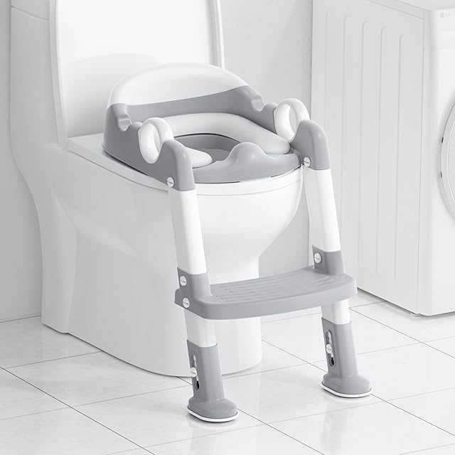 Potty Training Seat with Step Stool Ladder, Toddlers Potty Training Toilet for Kids Boys Girls (Gray White)