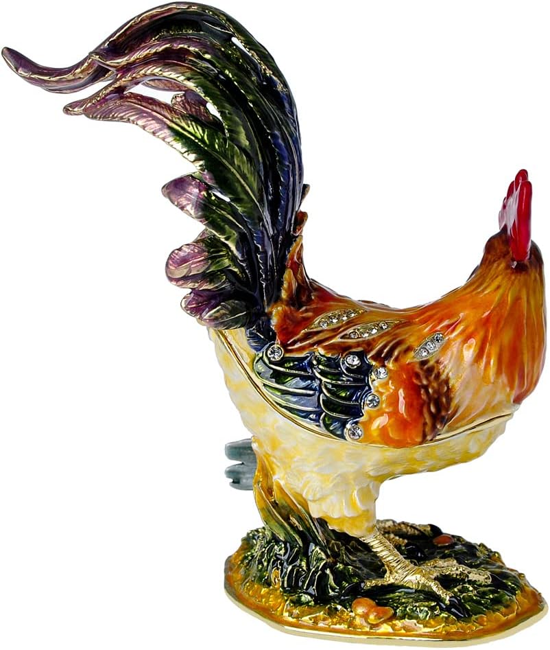 Chicken Trinket Box with Golden Crystal Enamel Design, Elegant Home Decor & Unique Gift for Animal Lovers, Farmhouse Style, or Seasonal Décor