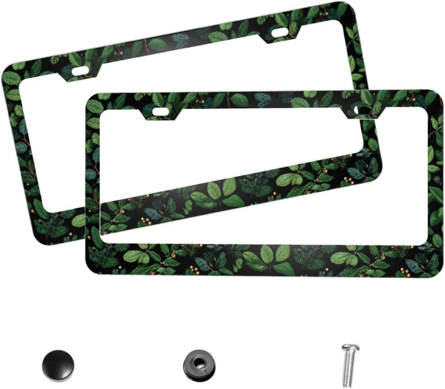 2 Packs License Plate Frame Black Sage Green Plant Printed Cute Aluminum Metal Licence Plate Holder Universal Fit Car Boho Decoration for Women Men