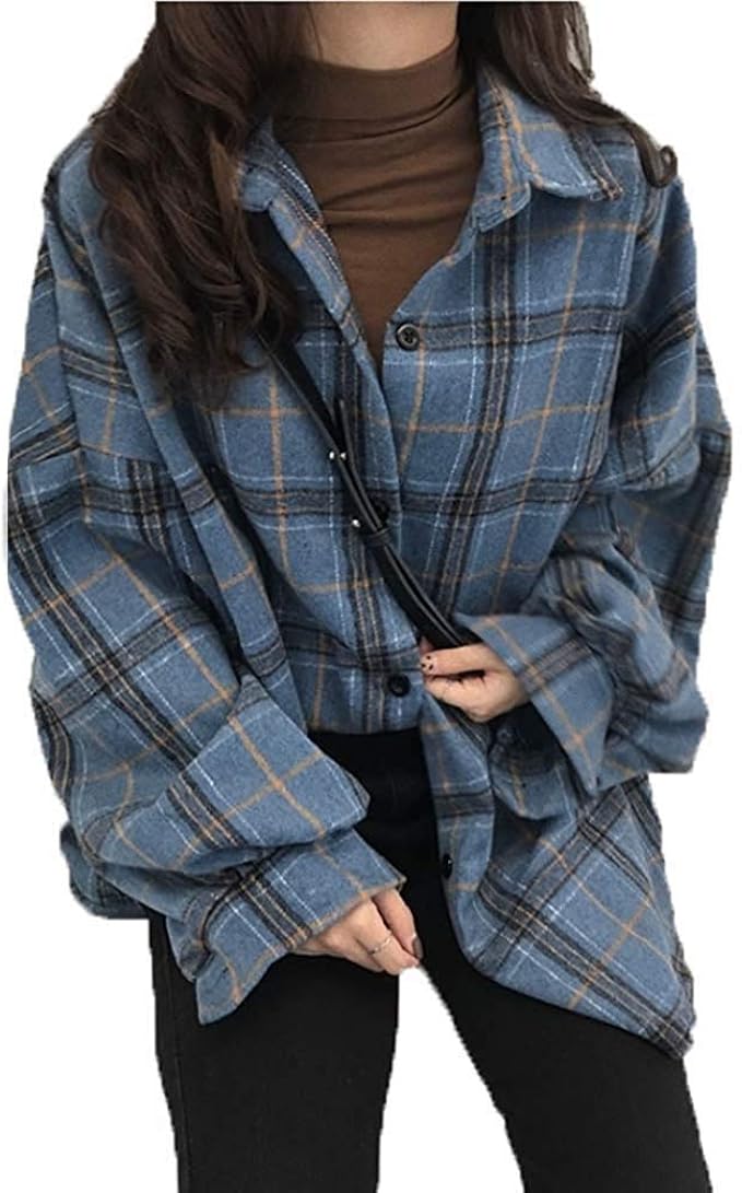 Amazon Huangshan こうさん チェックシャツ レディース ゆったり カジュアル 韓版 長袖 ファッション トップス チェック柄 大きいサイズ シャツ ジャケット 春 秋 シャツ ブラウス 通販