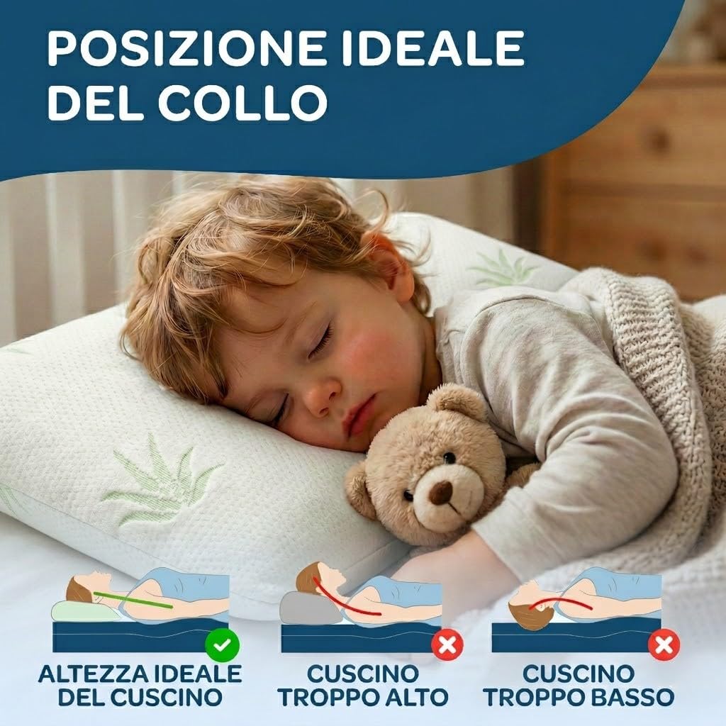 DOLCI SOGNI Cuscino Lettino Bambino fino a 5 anni | Antisoffoco 50x30 Memory Foam Spessore 5,5 cm, OEKO-TEX® e CertiPUR™ | Cuscino per Asilo | Cuscino da Viaggio Modello Aloe 100% Made in Italy