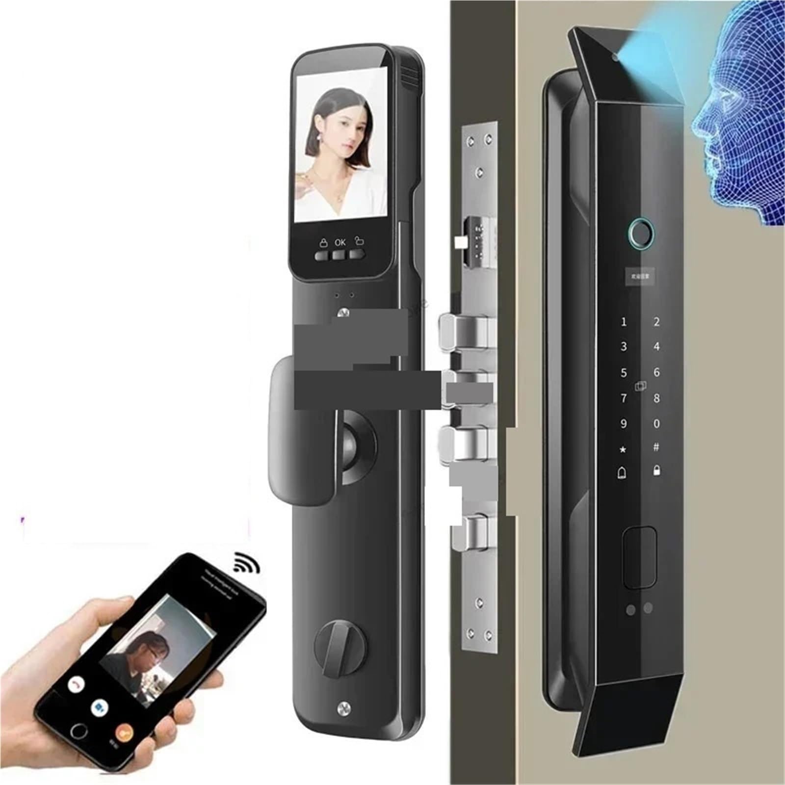 Serratura Smart, Smart Lock con riconoscimento facciale 3D Apertura porta senza contatto Smart Lock automatico con telecamera WiFi Videocitofono Controllo APP,per camere da letto, uffici e hotel(Only