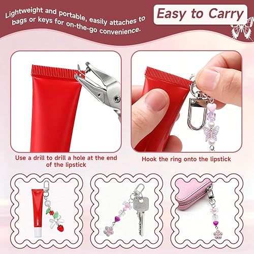 Miniatura 2 de 12 llaveros para brillo de labios con dijes con perforador y caja de almacenamiento, kit de llavero portátil de bálsamo labial, accesorios de