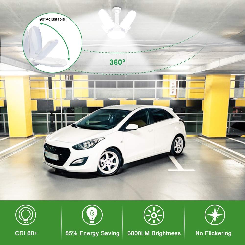 LED Garage Lights 4 Pack, Deformable LED Garage Light Bulb Garage Ceiling Lights LED 60W E26 Daylight Lamp with 4 Extension Lamp Holder for Garage, Workshop, Warehouse, Workbench, Barn, Shop, Basement