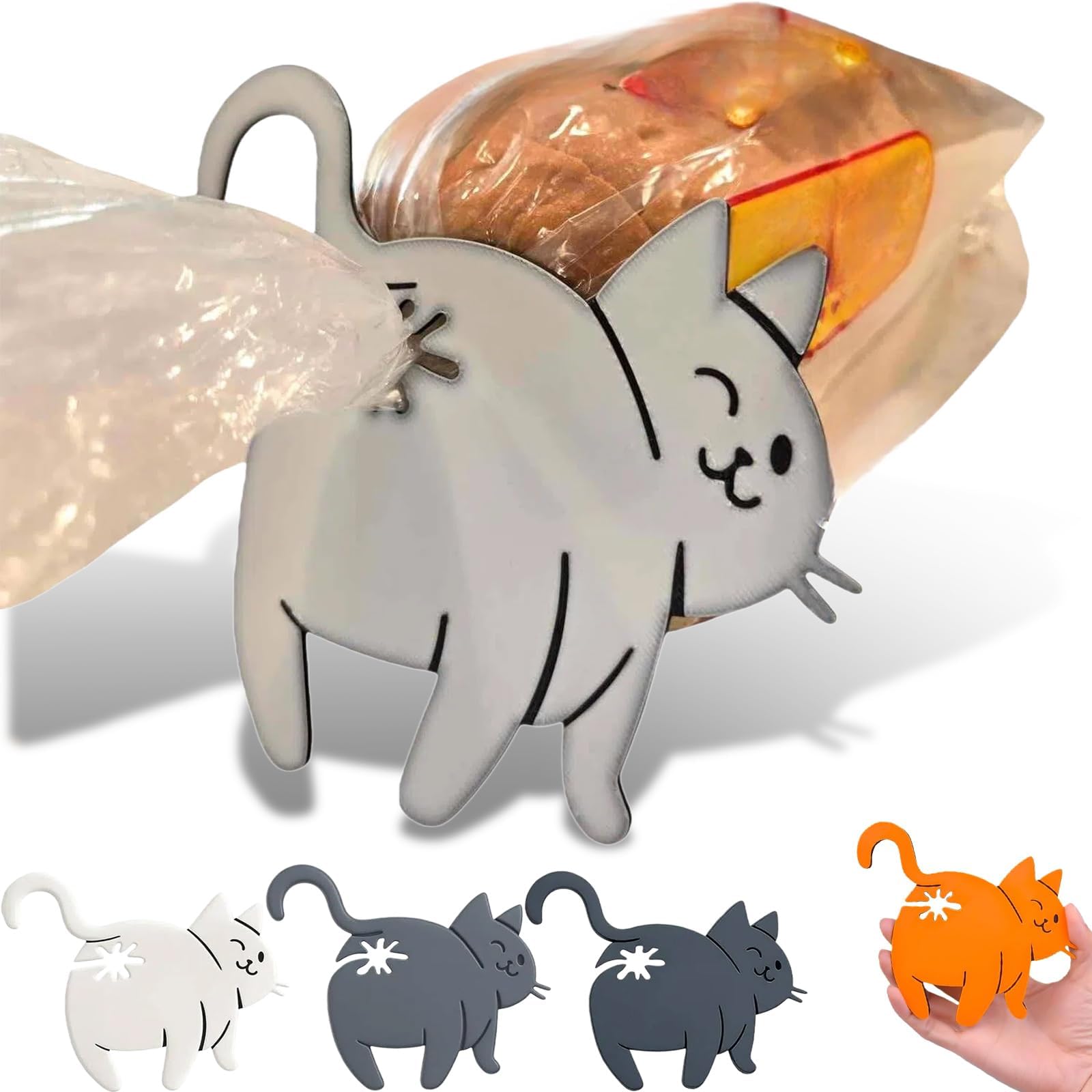 3Pcs Cat Butt Bread Bag Tie - 3D Printed Funny Novelty Food Bag Clips, Reusable Quirky Kitchen Gadget, Air-Tight Food Fresh Keeper, Cat Lovers Home Decor Gift (White)